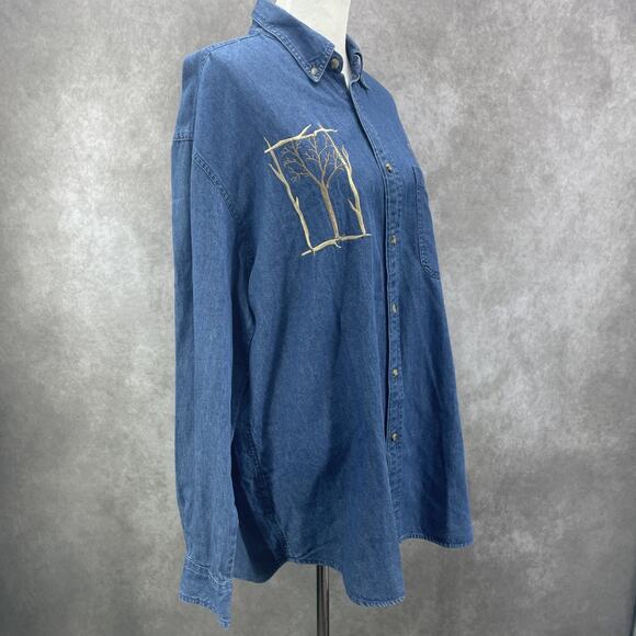 Vtg 90's Sz XL Artsy Classic Denim Chambray Embroidered Country Fall Leaves Tree - Picture 6 of 7